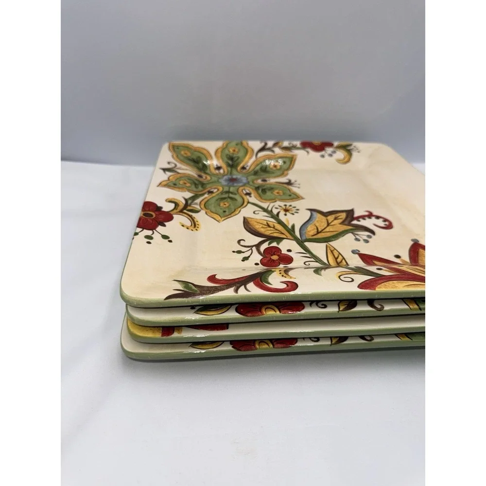 Pier One Carynthum Square Dinner Plates Set Of 4 Floral Design Ceramic 2009